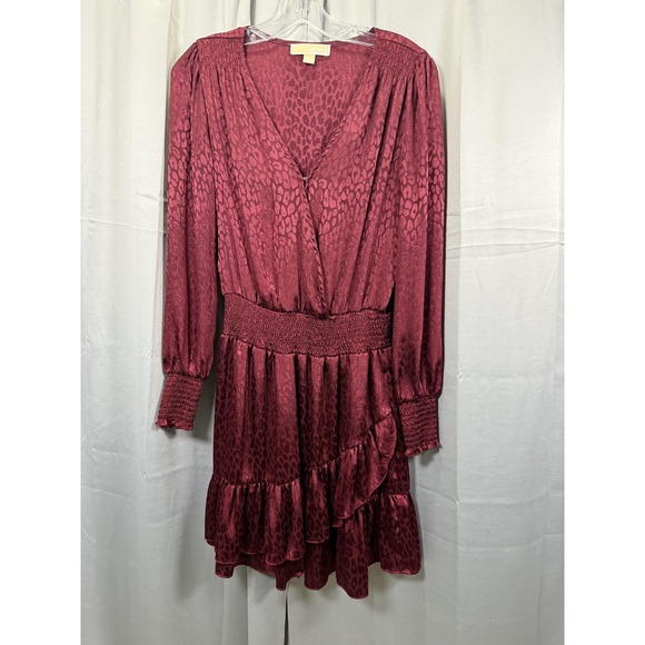 Michael Michael Kors Dress Womens Small Burgundy Leopard Ruffle Surplice V Neck - Picture 1 of 4